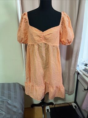 🍊SHEIN Orange Gingham Puff Sleeve Mini Dress